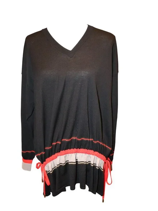Givenchy Black Wool Sweater With Red & Beige Striped Details And Adjustable Wais - Picture 2 of 6